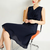 Womens Sleeveless Silk Wrap Midi Dress Flowing Hem Silk Dress